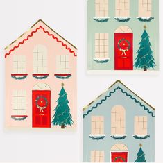 three paper houses with christmas decorations on the front and side, each decorated in different colors