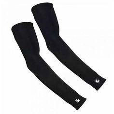 pair of black arm sleeves with white logo