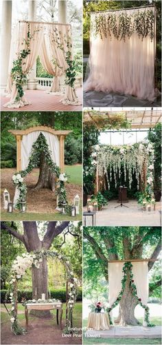 an outdoor wedding setup with white flowers and greenery on the trees, draped in tulle