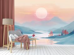 a living room scene with the sun setting in the sky and mountains on the wall