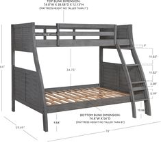 the bunk bed is shown with measurements for its size and features an attached ladder to it