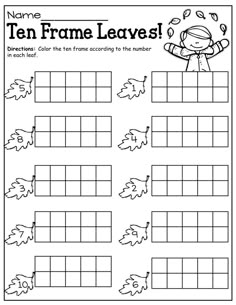 the ten frame leaves worksheet is shown in black and white with an autumn theme