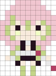 a cross stitch pattern that looks like a dog's face in pink, green and white