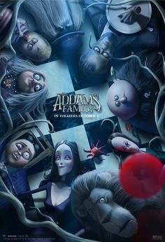 the addams family movie poster with an evil clown and other creepy people in it