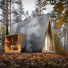 a small cabin in the woods with leaves on the ground