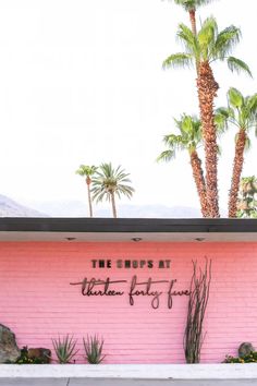 a pink building with palm trees in front of it and the words the shops at catalina park