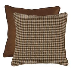 two brown and tan pillows on a white background, one has a checkered pattern