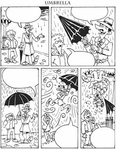 a comic strip with an image of people in the rain