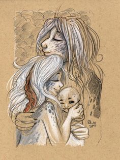 a drawing of two women hugging and one is holding a small child in her arms