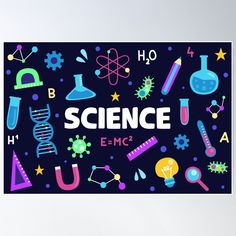 the word science surrounded by various school related items poster print on a wall or floor