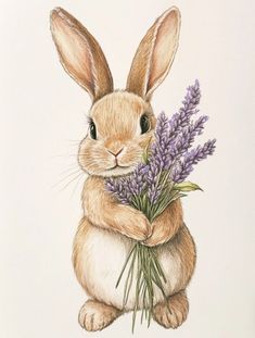 a drawing of a rabbit holding lavender flowers