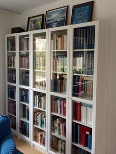 a living room filled with lots of books on top of a book shelf next to a blue couch