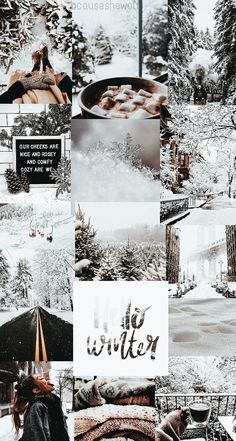 a collage of black and white photos with the words hello winter