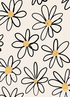 black and white flowers with yellow centers on a beige background seamless wallpaper pattern