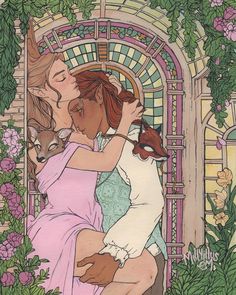 a painting of two people kissing in front of an arch with flowers and vines on it