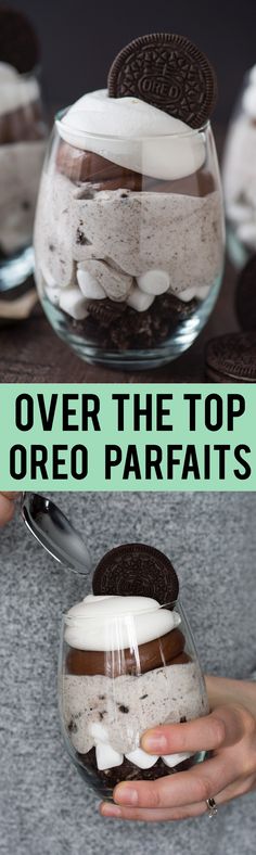 oreo parfaits in a glass bowl with the words over the top