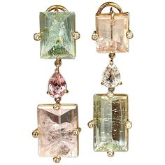 18 Karat Yellow Gold Mirror Cut Beryl Morganite Sapphire Diamond Drop Earrings For Sale | morganite jewelry Gold Gem Jewelry, Luxury Elegant Faceted Earrings, Beryl Jewelry, Pastel Jewelry, Morganite Jewelry, Gemstone Earrings Gold, Pastel Shades, Diamond Drops, Girly Jewelry