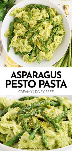 asparagus pesto pasta in a white bowl and on a plate with green beans