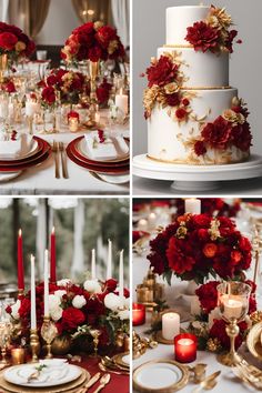 red and gold wedding table setting with flowers