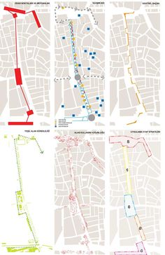 four maps showing the different streets in each city, with red and blue lines on them