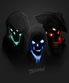 three demonic looking men with glowing eyes and hoods