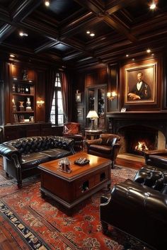 a living room filled with furniture and a fire place in the middle of it's walls