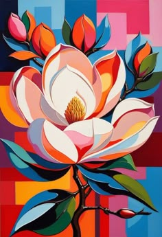 a painting of a flower on a colorful background