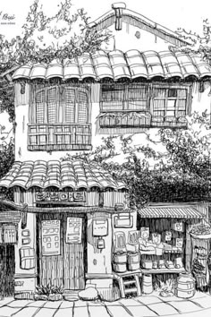 a black and white drawing of a building with an awning on the roof is shown