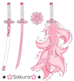 three pink swords with flowers on them and stars in the bottom right hand corner, one is for sakura