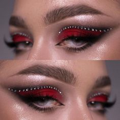 curso profissionalizante no link da bio Red And Black Eyeshadow Halloween, Ted And Black Makeup, Red Makeup Hooded Eyes, Couture Makeup Looks, Rave Makeup Red, Ring Leader Makeup, Ringleader Makeup, Goth Eyeshadow Looks, Ring Master Makeup