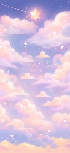 the sky is filled with stars and clouds in pastel colors, as well as white fluffy clouds