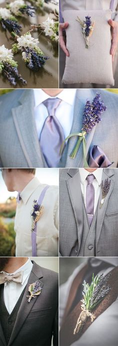 four different shots of men in suits and ties with flowers on their lapel covers