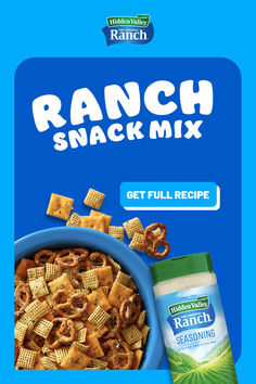 the ranch snack mix is in a blue bowl