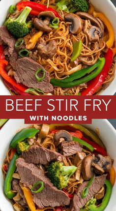 beef stir fry with noodles and broccoli in a white bowl