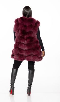 The Shirley Fox Fur Vest is a staple piece of The Fancy Success Luxe Collection. This fur vest can be customized in any color or size. This vest features plush genuine 100% fox fur panels, is lined with satin, and closes with hooks. This vest runs true to size. Please order one size up for a relaxed fit. Model is typically a size Large and is wearing L in the color Burgundy. The length of this vest is 80cm/ 31 inches. Due to the customizable nature, this piece can take up to 3-4 weeks to ship. P Red Faux Fur Vest, Sleeveless Fur Coat With Faux Fur Trim, Sleeveless Faux Fur Coat With Fur Trim, Sleeveless Faux Fur Coat, Fox Fur Vest, Faux Fur Vest, Faux Fur Vests, Fur Fashion, Fur Vest