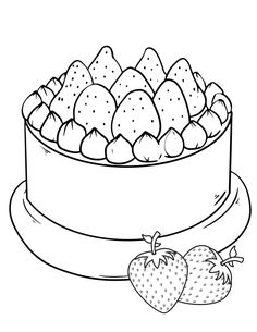 a cake with strawberries on it and a strawberry in the middle coloring page for kids