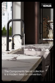 an advertisement for kohle's faucet collection featuring marble countertops