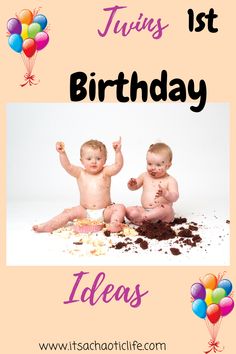 two babies sitting on top of a cake with balloons in the background that says twins 1st birthday ideas