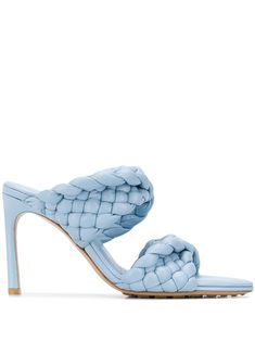 Pale blue leather-blend BV Curve 100mm leather sandals from BOTTEGA VENETA featuring interwoven strap detailing, open toe, branded insole, slip-on style and mid heel. Steve Madden Sandals, Braided Sandals, Blue Accessories, Fancy Shoes, Blue Sandals, Footwear Design Women, Ankle Strap Heels, Mid Heel, Blue Leather