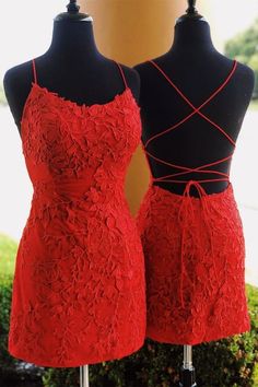 SGD093 Tie Back Appliqued Sheath Red Homecoming Dress on Storenvy Hot Hoco Dresses, Red Homecoming Dresses Short, Gaun Koktail, Tight Homecoming Dress, Dresses Fitted, Dress Applique, Applique Lace, Cute Homecoming Dresses, Homecoming Dresses Short Tight