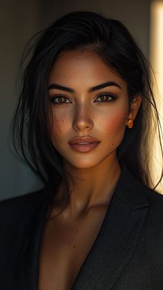 Women With Black Hair And Brown Eyes, Female Face Reference Front View, Female Facial Expressions Reference, Exotic Woman Face, Character Inspiration Female, Flawless Beauty, Face Photography, Trendy Hairstyles, Brown Eyes