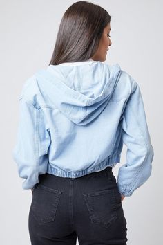 Trendy Blue Hooded Denim Jacket, Trendy Hooded Blue Denim Jacket, Trendy Blue Hooded Jacket For Spring, Urban Style Blue Hooded Jacket For Spring, Spring Denim Hooded Hoodie, Denim Long Sleeve Hooded Jacket For Spring, Cotton Hoodie For Spring, Casual Denim Hooded Jacket, Casual Cropped Hoodie For Spring