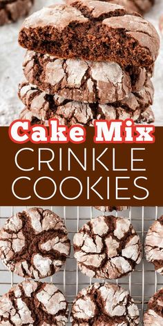 chocolate crinkle cookies stacked on top of each other with the words cake mix