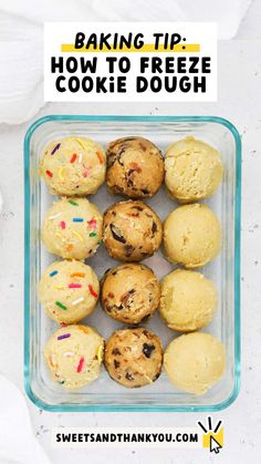 a glass baking dish filled with cookies and sprinkles text overlay reads baking tip how to freeze cookie dough