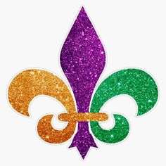 a fleur de lis sticker with glitter on the bottom and an orange, green, and yellow fleur de lis in the middle