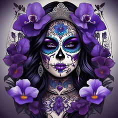 a woman with purple flowers around her neck and face painted to look like a sugar skull