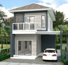 a car is parked in front of a two story house with balconies on the second floor