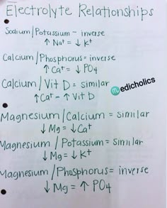 a piece of paper with writing on it that says electrolyte relationships and the following words