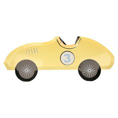 a yellow toy car with numbers on it