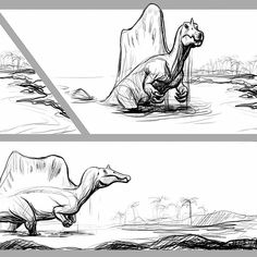 two drawings of dinosaurs in the water